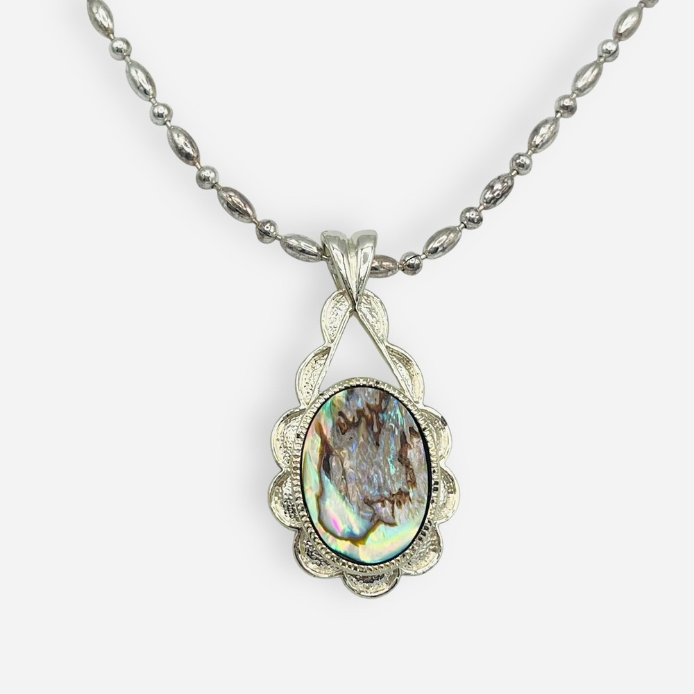 Vintage Signed Roman Pendant Necklace Abalone Mother Of Pearl Silver Tone 18"